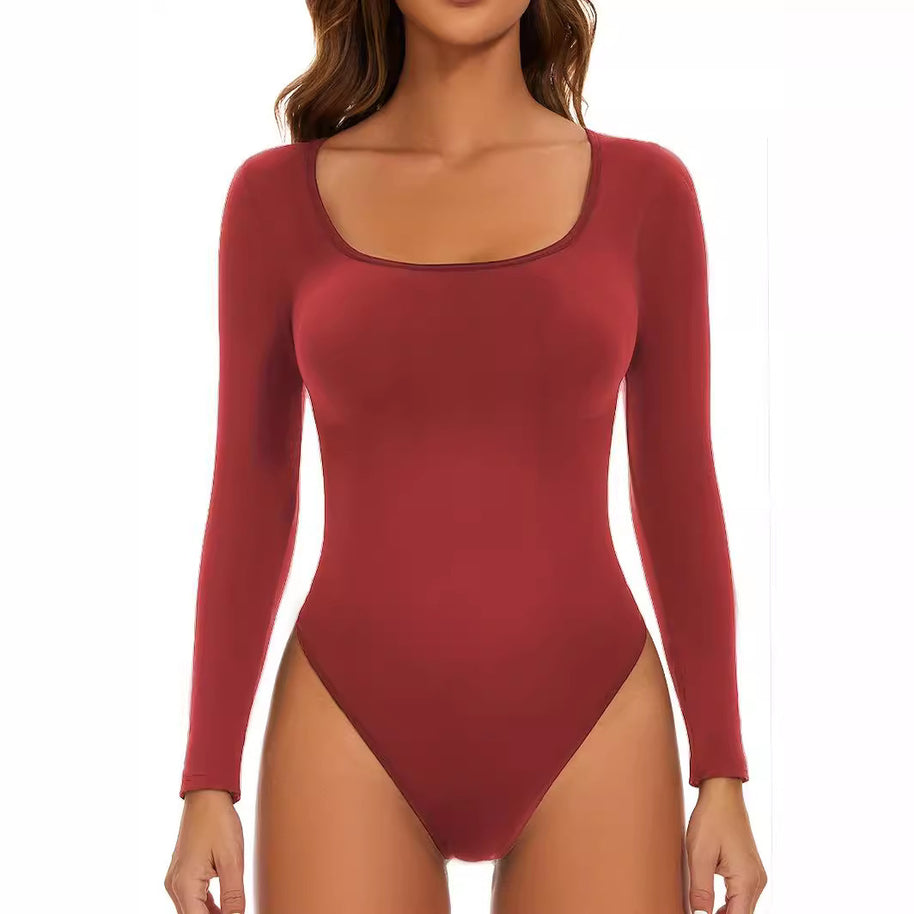 Damen Langarm Bodysuit mit tiefem Rundhalsausschnitt und figurbetontem Schnitt WW