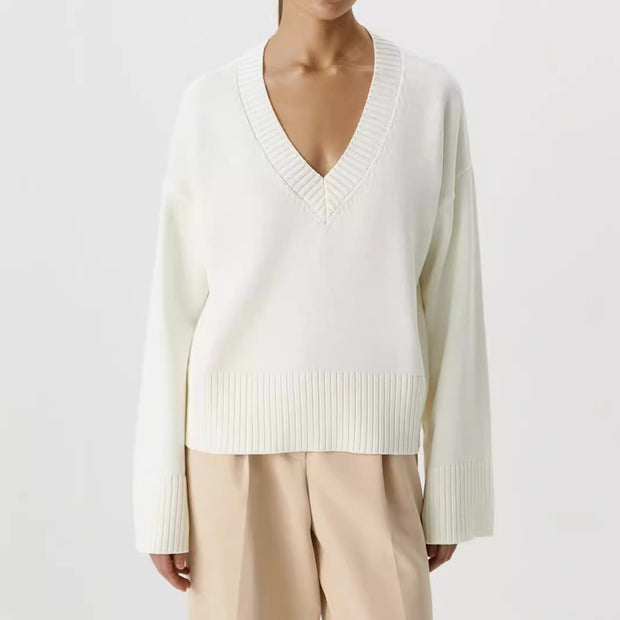 Damen Strickpullover mit tiefem V-Ausschnitt und lässigem Schnitt WW