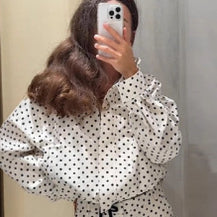 Damen Polka-Dot Blusen- und Shorts-Set mit oversized Schnitt und hochgeschlossenem Kragen WW