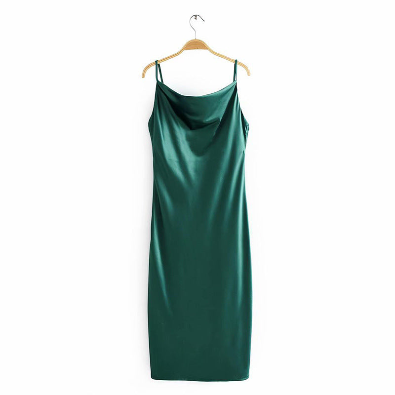 Damen Satin-Midikleid mit verführerischem V-Ausschnitt und Spaghettiträgern WW