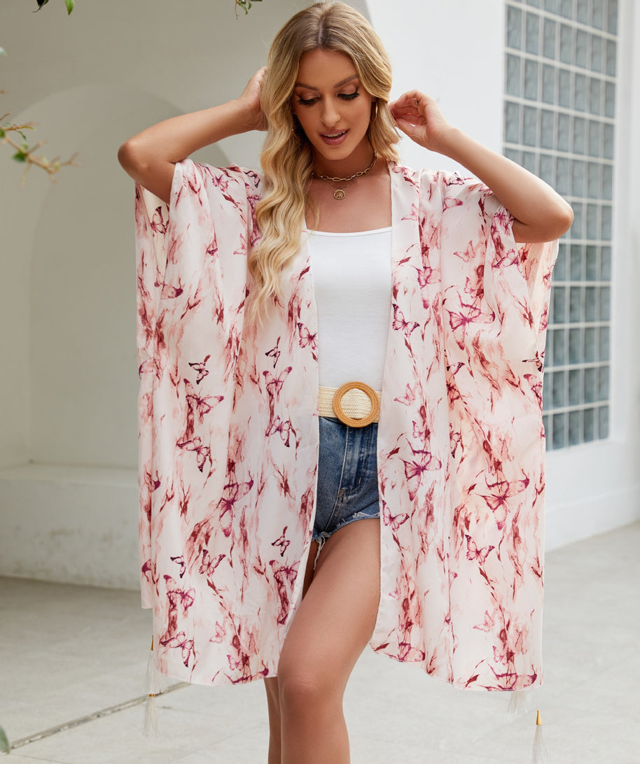 Damen eleganter Kimono mit kunstvollem floralem Muster und fransigen Kanten WW