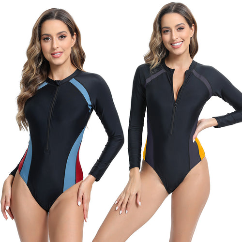 WW | Damen sportlicher Einteiler Badeanzug mit hohem Kragen und tiefem Reißverschluss