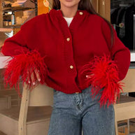 Damen Strickjacke mit eleganten Fransenärmeln und goldenen Knöpfen WW