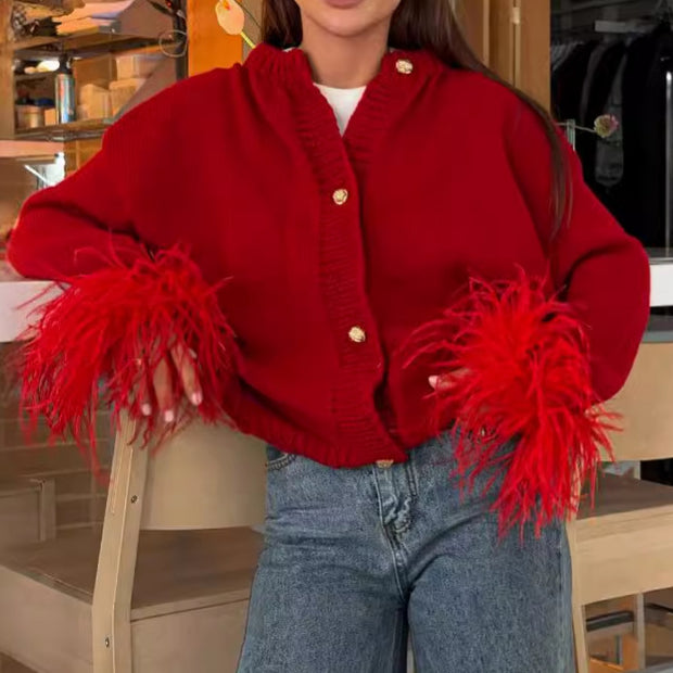 Damen Strickjacke mit eleganten Fransenärmeln und goldenen Knöpfen WW