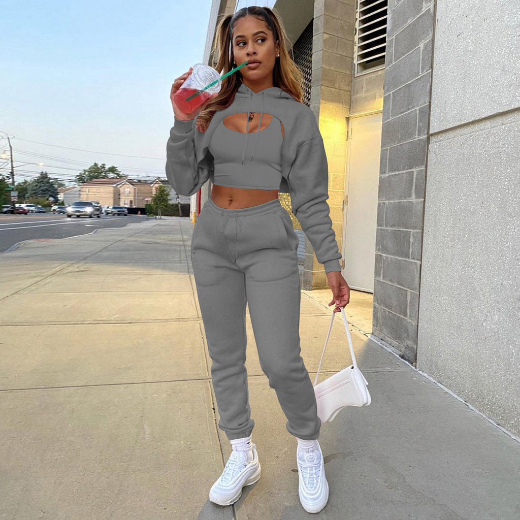 Damen Sportlicher Zweiteiler mit cropped Hoodie und bequemen Jogginghosen WW