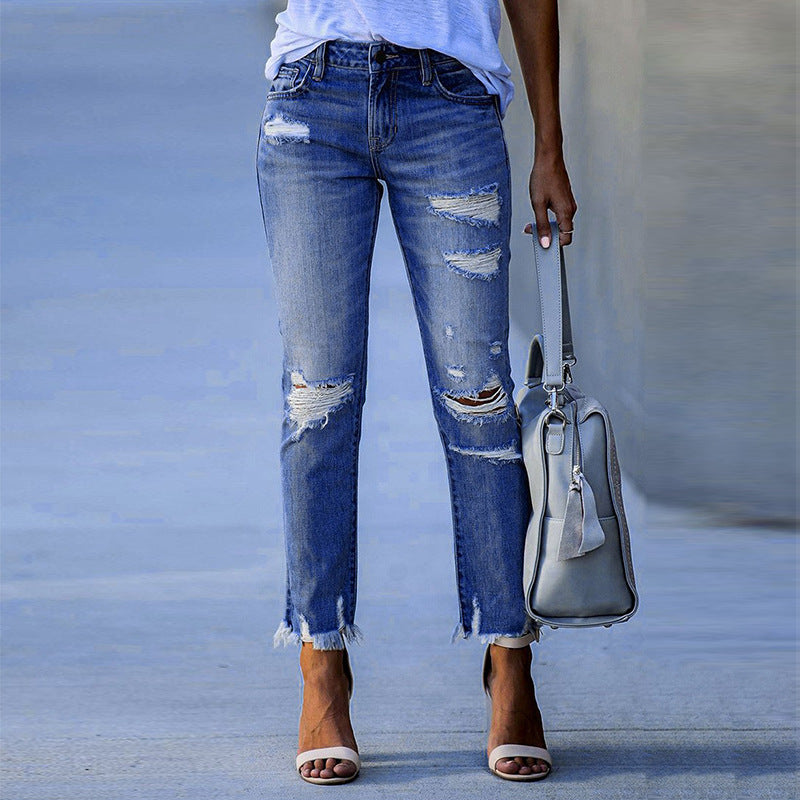 Damen Ripped High-Waist Jeans mit fransigem Saum und modischen Destroyed-Details WW