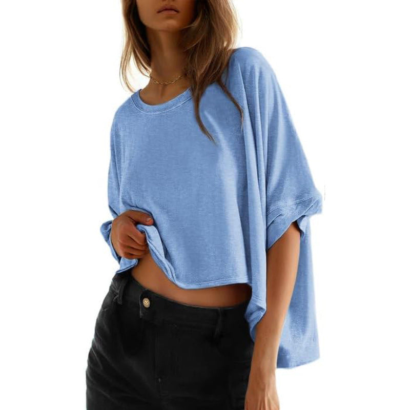 Damen lässiges cropped Oberteil mit weiten Ärmeln und Rundhalsausschnitt W&W Mode