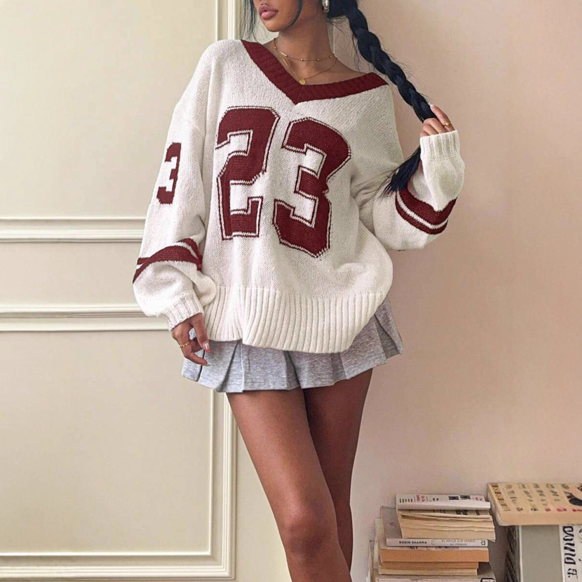 Damen Sportlicher V-Ausschnitt Pullover im lässigen College-Stil WW