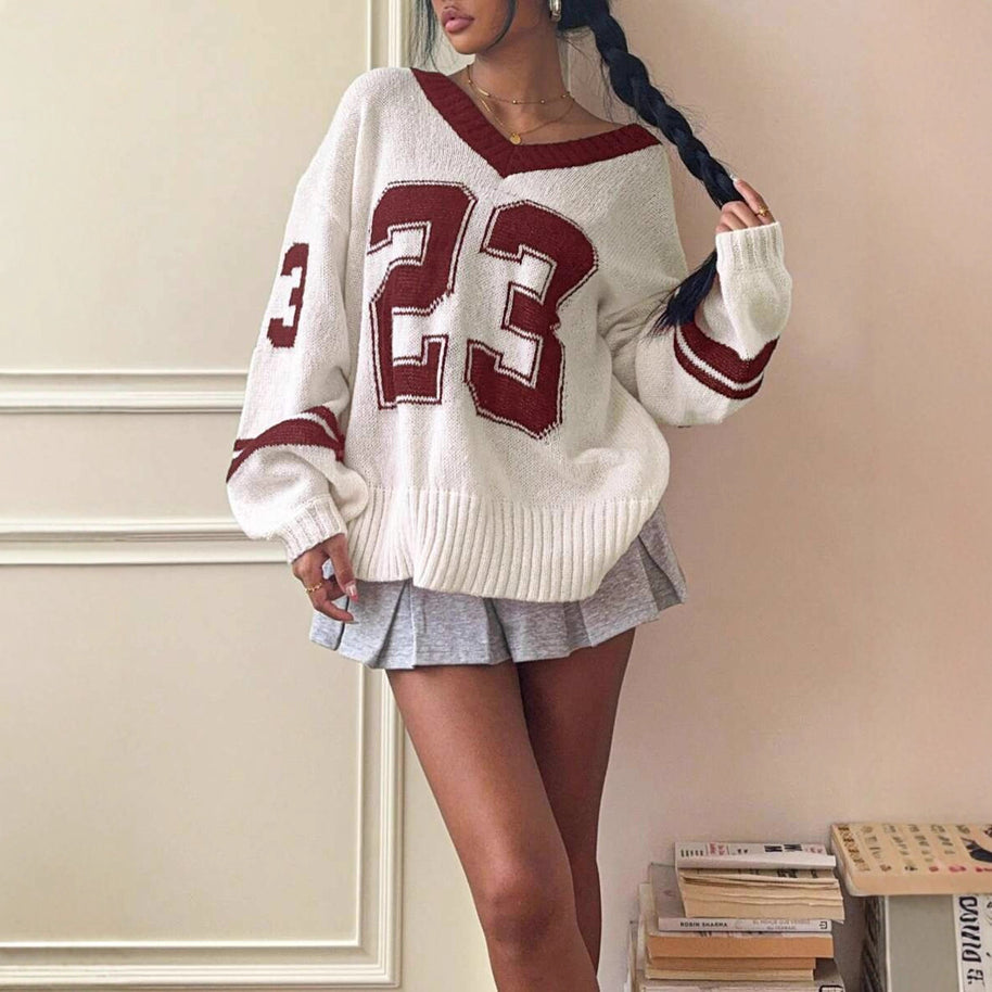 Damen Sportlicher V-Ausschnitt Pullover im lässigen College-Stil WW