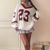 Damen Sportlicher V-Ausschnitt Pullover im lässigen College-Stil WW