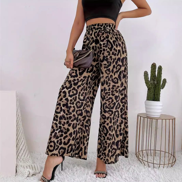 Damen Weite Leopard-Hosen aus fließendem Material mit elastischem Bund WW
