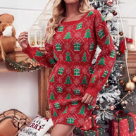 Damen Strickkleid mit festlichem Weihnachtsmotiv und weitem Rundhalsausschnitt WW