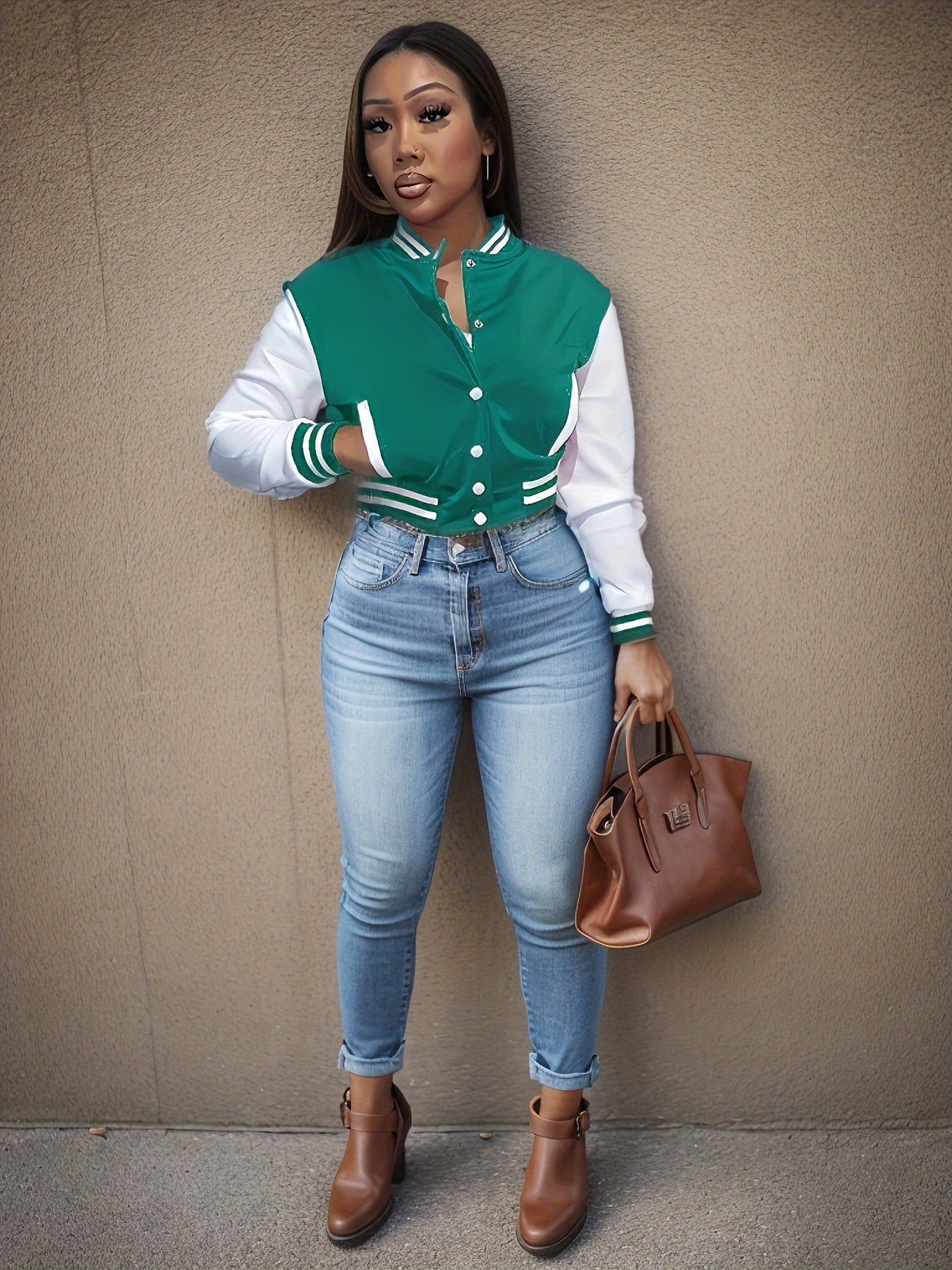 Damen Sportliche Varsity-Jacke mit Kontrastdetails und Knopfleiste WW