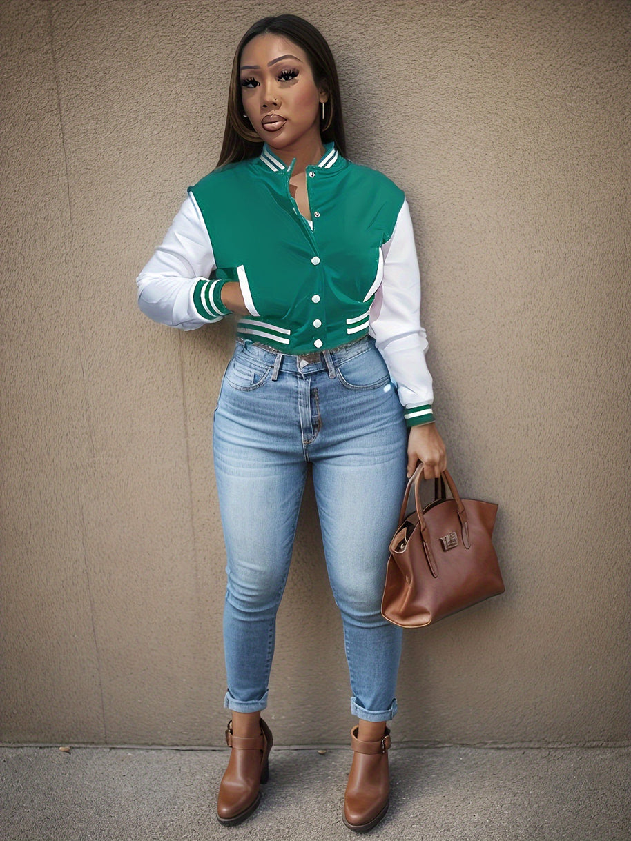 Damen Sportliche Varsity-Jacke mit Kontrastdetails und Knopfleiste WW