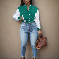 Damen Sportliche Varsity-Jacke mit Kontrastdetails und Knopfleiste WW