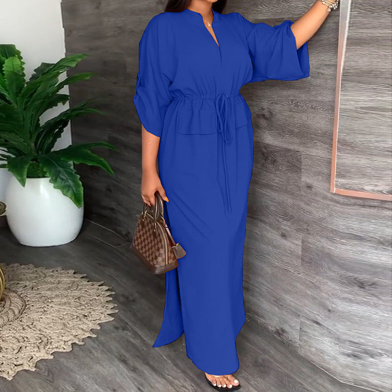 Damen Elegantes Maxikleid mit taillierbarem Gürtel und weit geschnittenen Ärmeln W&W Mode