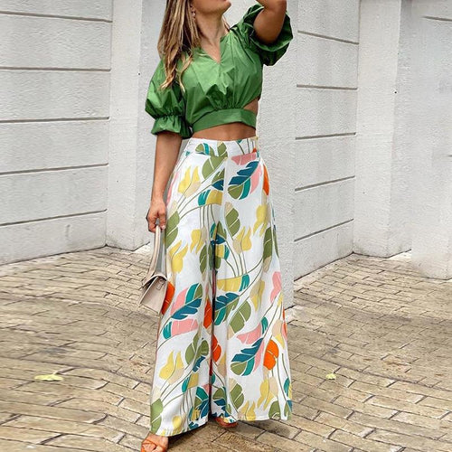 Damen Crop-Top und weit geschnittene Hose Set W&W Mode