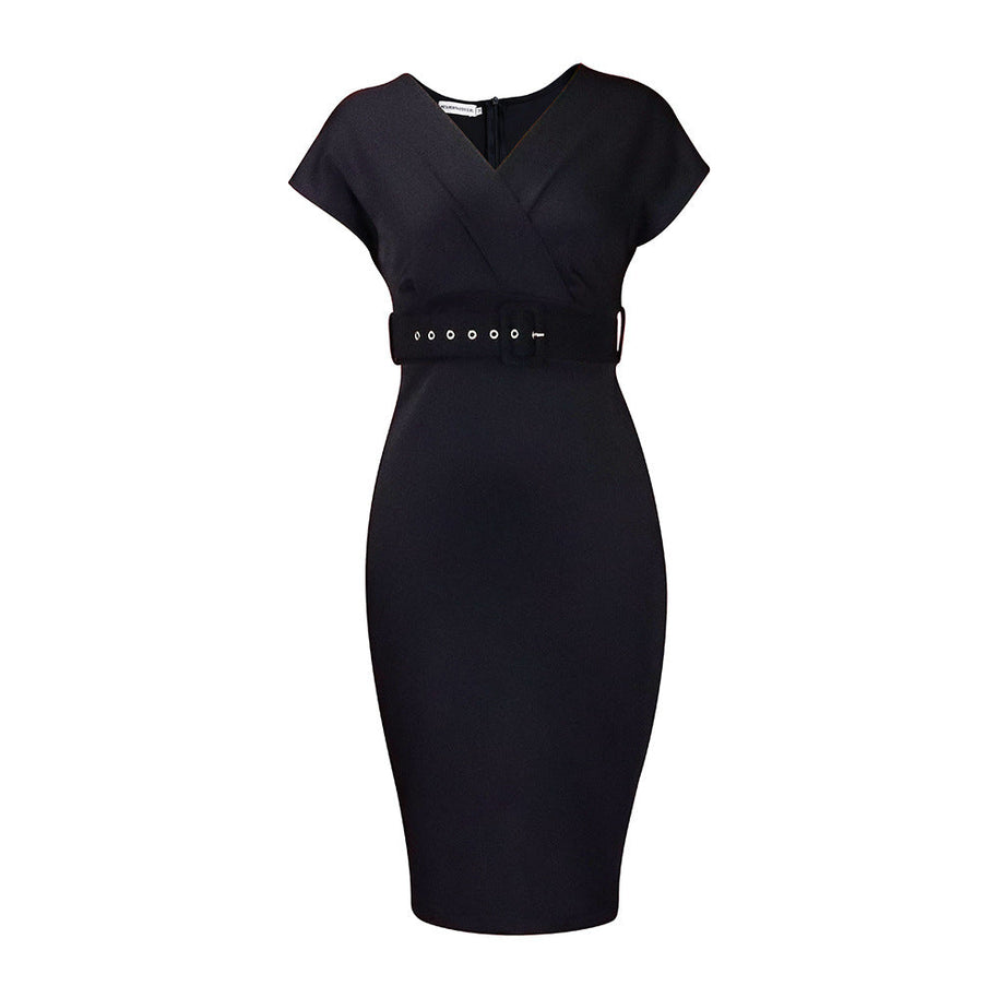 WW | Damen V-Ausschnitt Figurbetontes Midi Kleid mit Gürtel