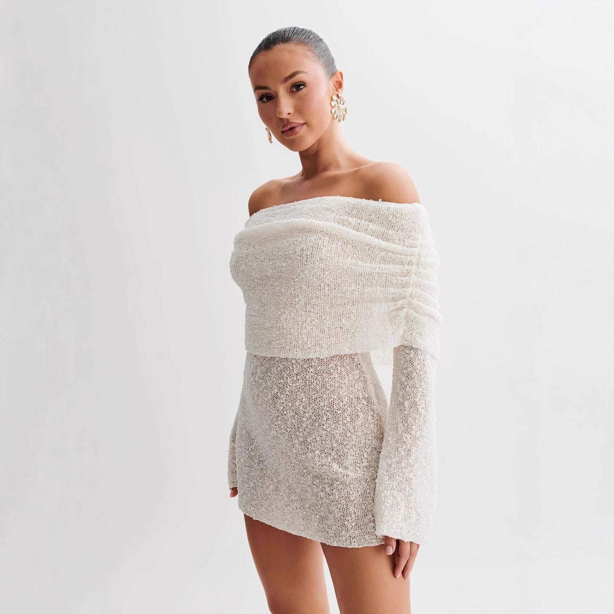 Damen Schulterfreies Minikleid mit glitzerndem Effekt und Übergröße WW