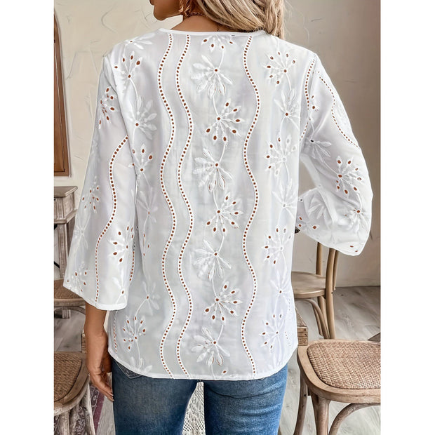 Damen bestickte Bohemian Bluse mit Dreiviertelärmeln WW