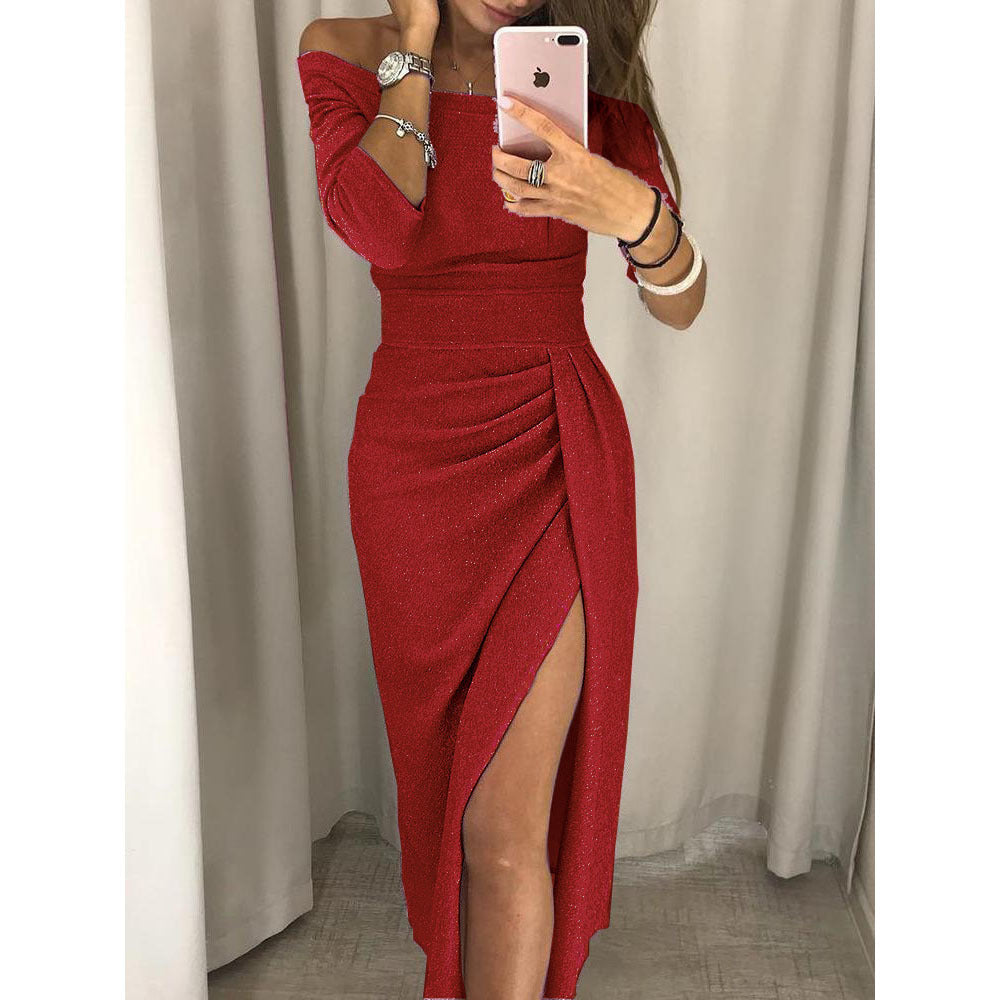 Damen Glänzendes Off-Shoulder Abendkleid mit Hohem Schlitz und Drapierung WW