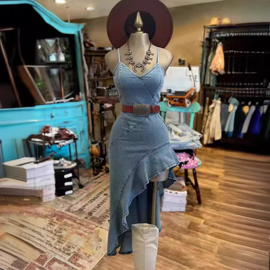 WW | Rüschensaum Denim Split Kleid