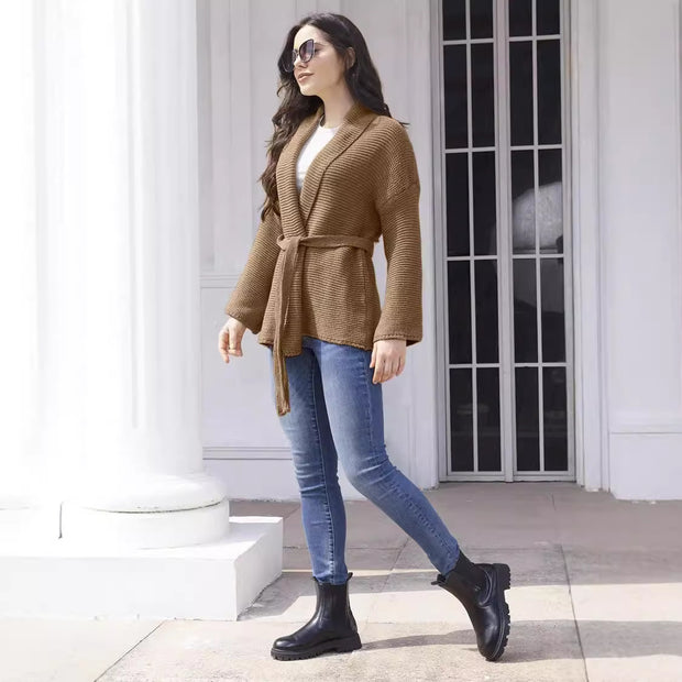 Damen Strickjacke mit Bindegürtel und lässigem Schnitt WW