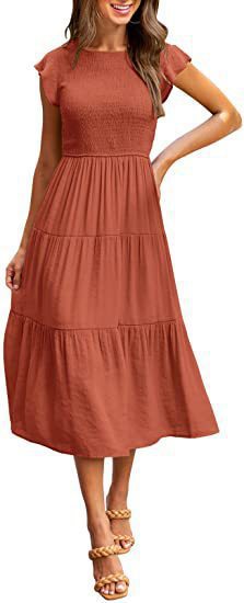 Damen Midi-Kleid mit elastischem Oberteil und voluminösem Saum WW