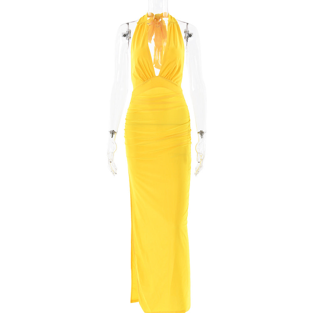 W&W Mode | Langes, Rückenfreies Kleid in Einfarbigem Design Mit Schlitz