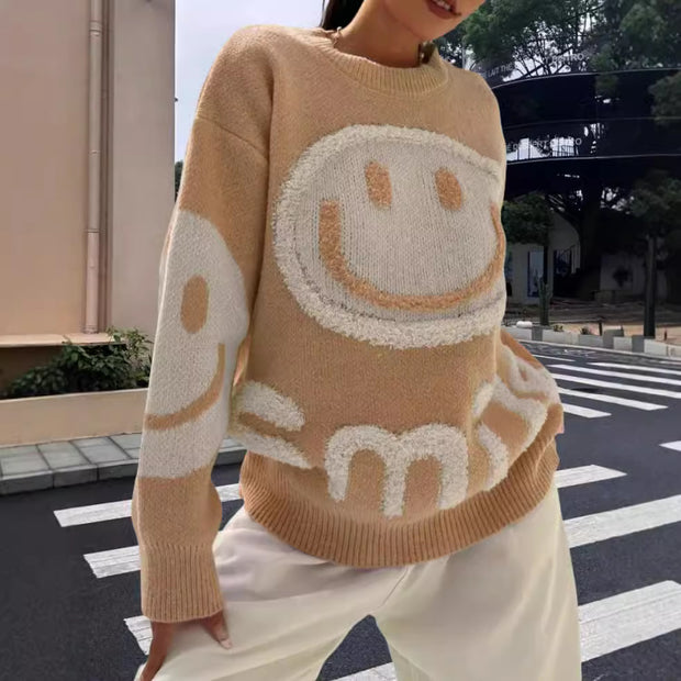 Damen Strickpullover mit fröhlichem Emoji-Motiv und komfortablem Schnitt WW