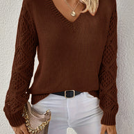 Damen Strickpullover mit V-Ausschnitt und gehäkelten Ärmeln WW