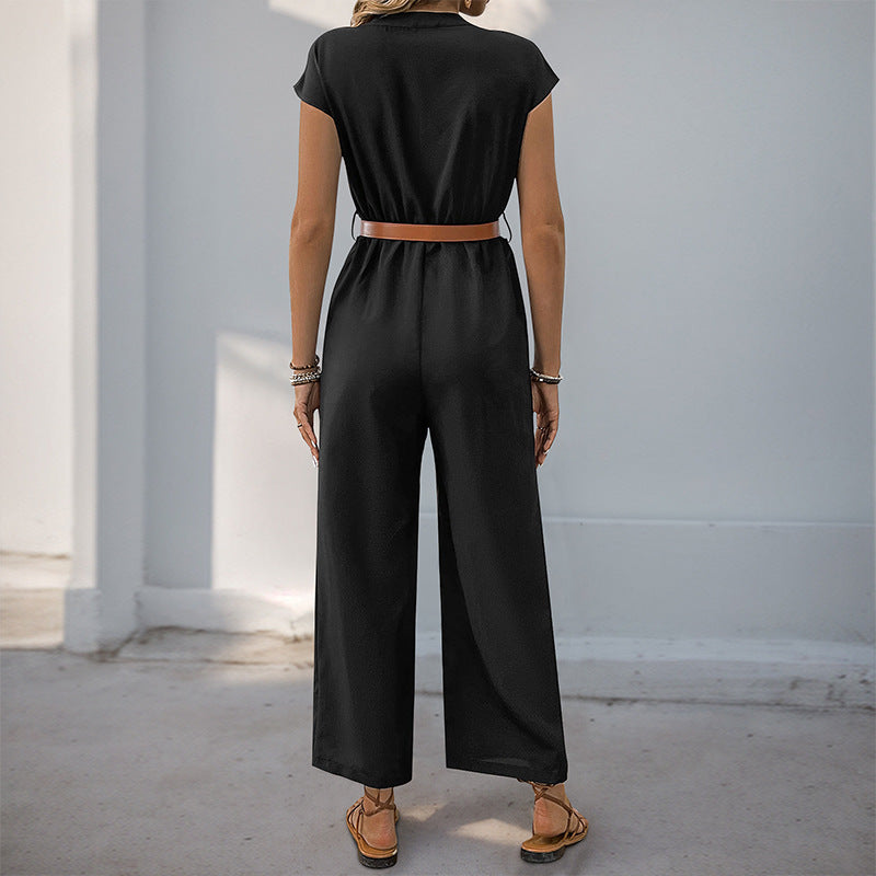 Damen Jumpsuit mit elegantem Taillengürtel und modernem V-Ausschnitt WW