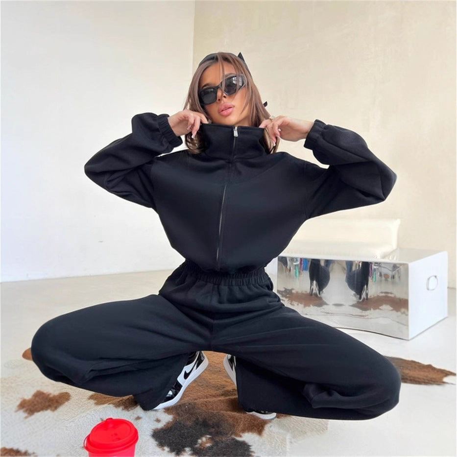 Damen sportliches Fleece-Set mit hohem Kragen und lockeren Hosen WW