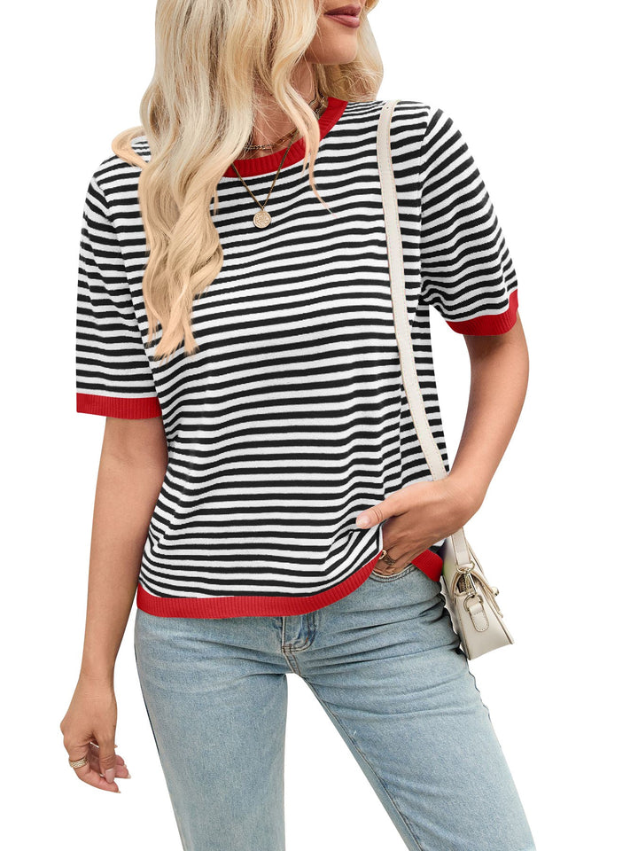 Damen bequeme gestreifte Freizeitbluse mit Kontrastkragen W&W Mode