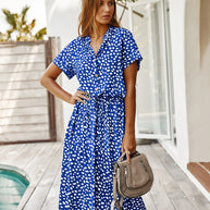 WW | Lässiger Polka Dot V-Ausschnitt Kurzarm Midi Kleid