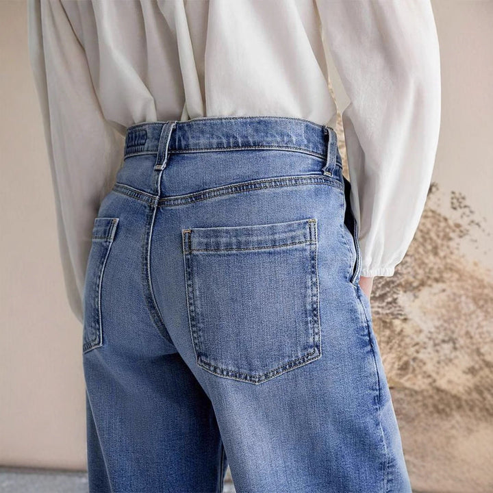 Damen weit geschnittene Jeanshose mit hohem Bund und eleganten Nähdetails W&W Mode