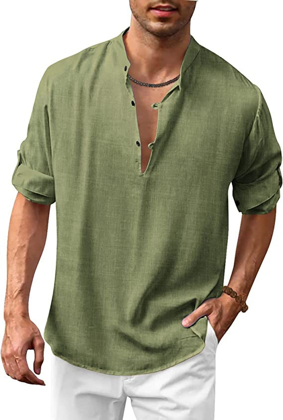 Herren Casual Leinenhemd mit modischem V-Ausschnitt und funktionalen Knopfdetails WW