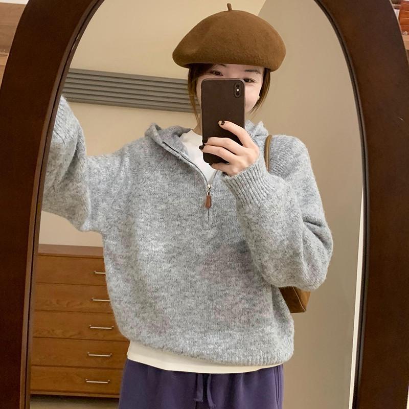 Damen bequemer Hoodie-Pullover mit halbem Reißverschluss und Puffärmeln WW
