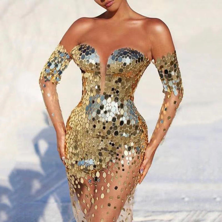 Damen Glamouröses Partykleid mit Pailletten und tiefem Ausschnitt W&W Mode