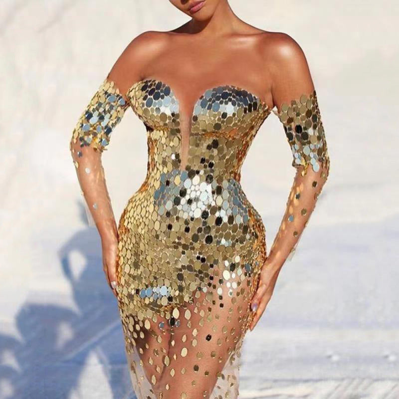 Damen Glamouröses Partykleid mit Pailletten und tiefem Ausschnitt WW