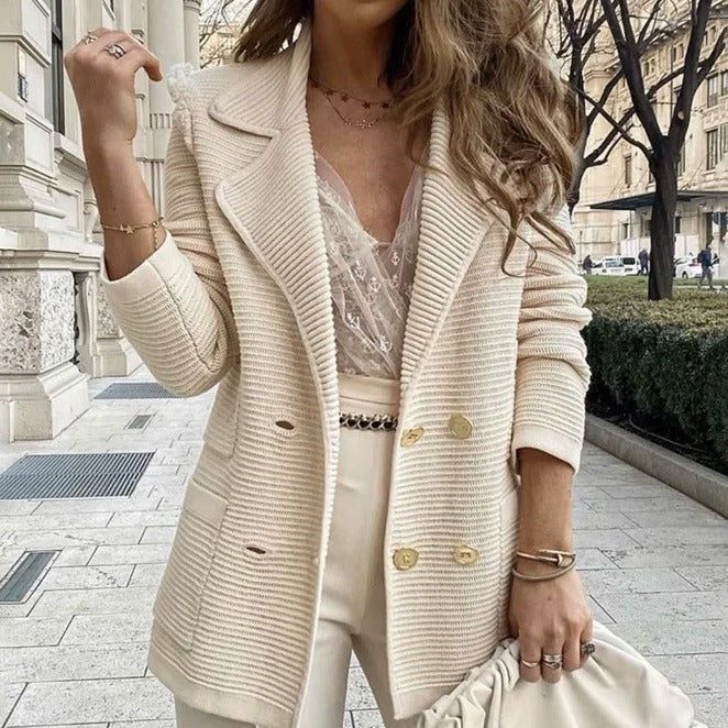 Damen lässiger Strickblazer mit doppelter Knopfleiste und Taschen WW
