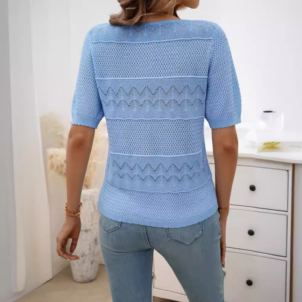 W&W Mode | Eleganter Rundhals Hohler Kurzarm Pullover Top