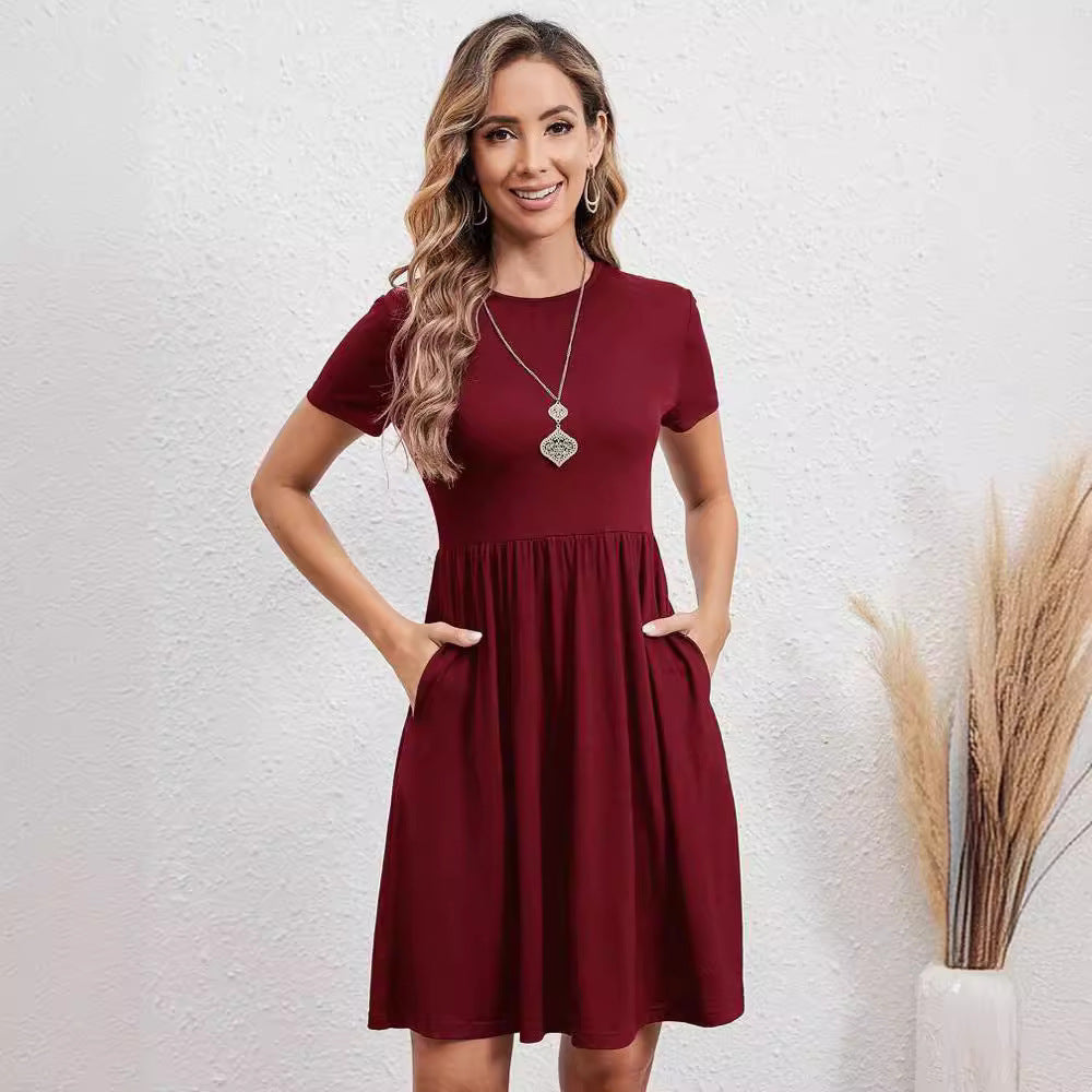 W&W Mode | Elastischer Bund Gestricktes Rundhalsausschnitt Kurzarmkleid