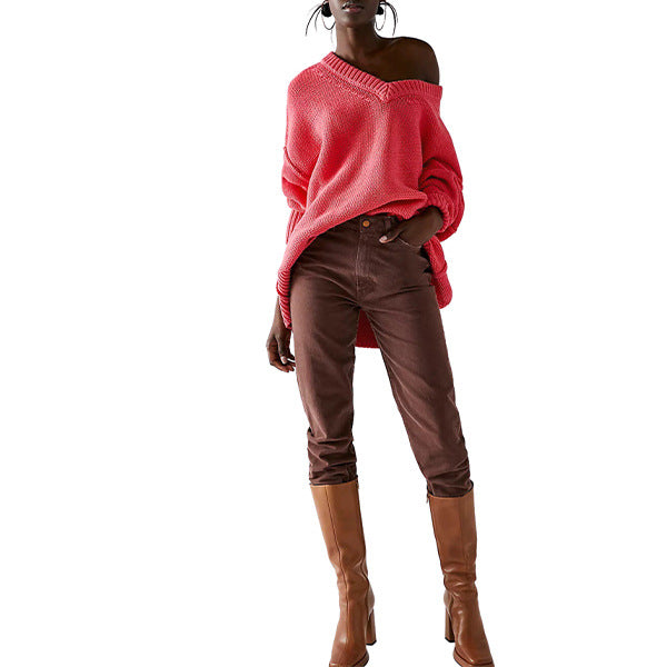 Damen V-Ausschnitt Oversized Pullover mit strukturiertem Strickmuster WW