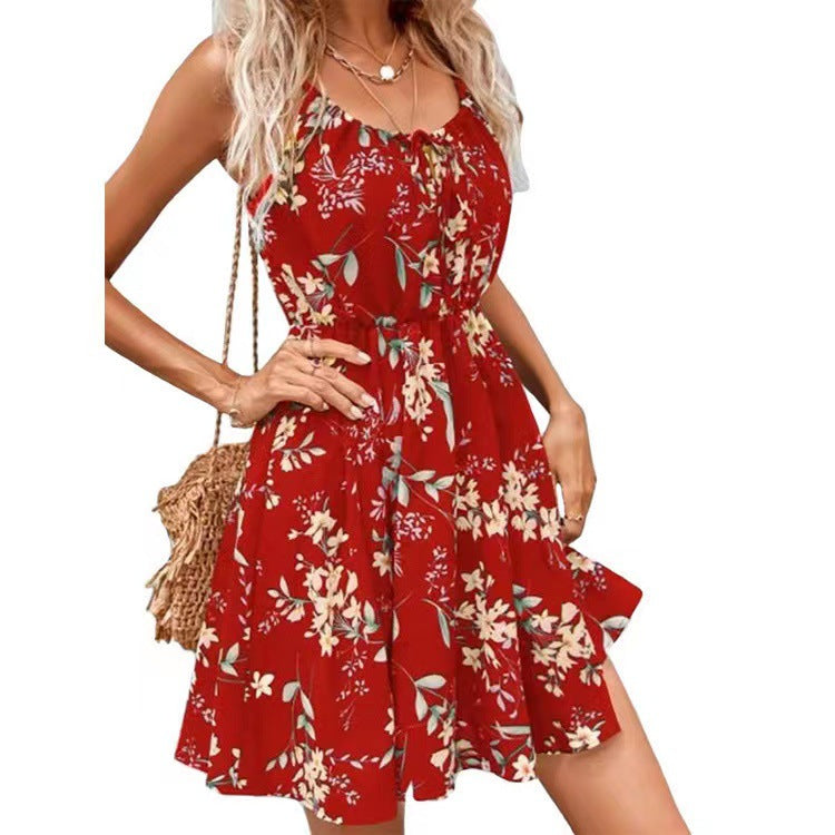 Damen Blumenkleid mit verstellbaren Spaghettiträgern und elastischem Taillenbund WW