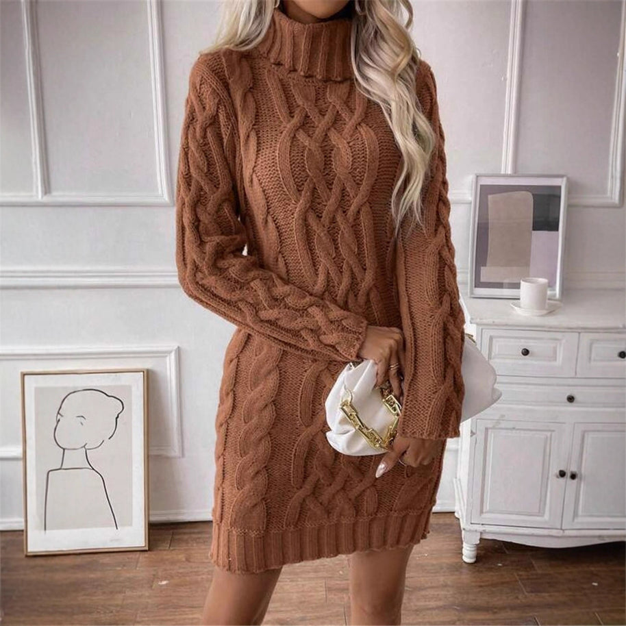 Damen Strickkleid mit hochgeschlossenem Kragen und Zopfmuster WW