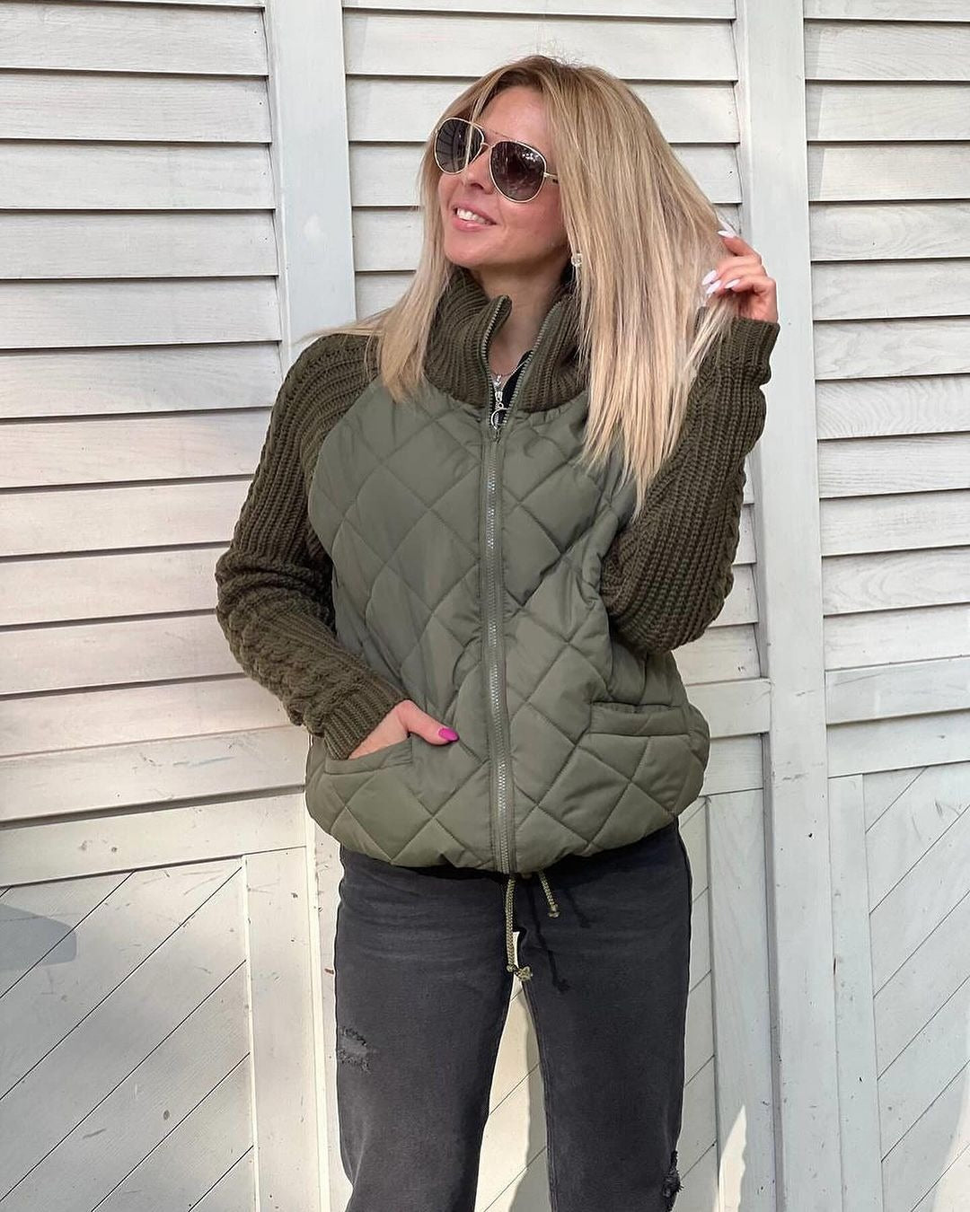 Damen Steppmantel mit wärmeisolierender Strickoberfläche WW