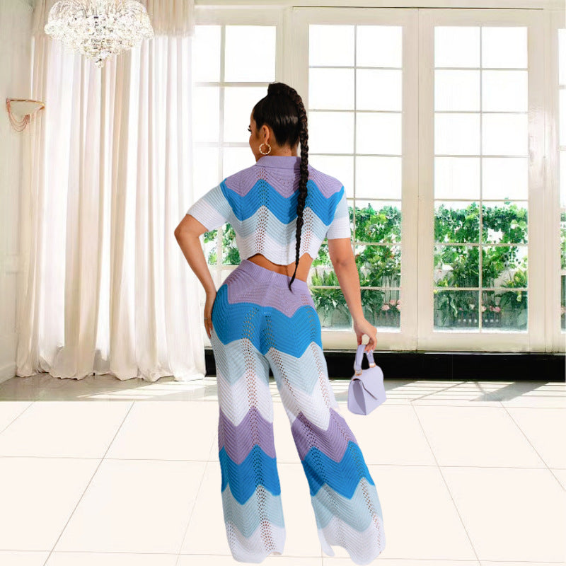 Damen Set aus gehäkeltem Crop-Top und weitem Palazzo-Hosen WW