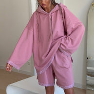 Damen sportlicher Oversized Hoodie mit fransigen Details und Shorts-Set WW