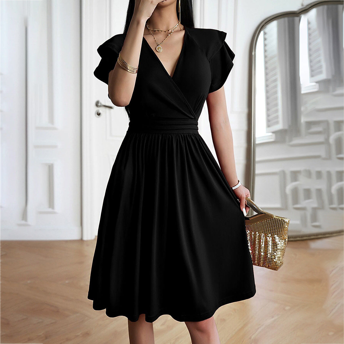 WW | V-neck Solid Color Short Sleeve Dress for Women